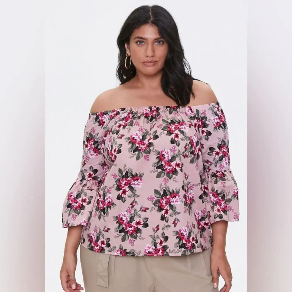 NO COMMENT x FOREVER 21 Plus Size Floral‎ Off the Shoulder Top